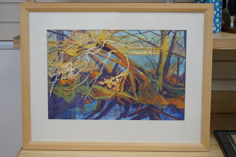 Diana A. Pitman, oil on paper, ‘Orange and blue, early spring’, unsigned, label verso, 37 x 58cm. Condition - good